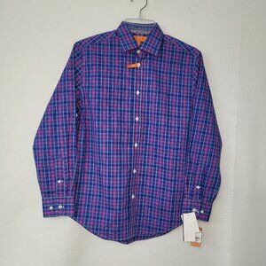Tallia Shirt Boys 14 Blue‎ Fuchsia Plaid Long Sleeve Button Up Dress Shirt New